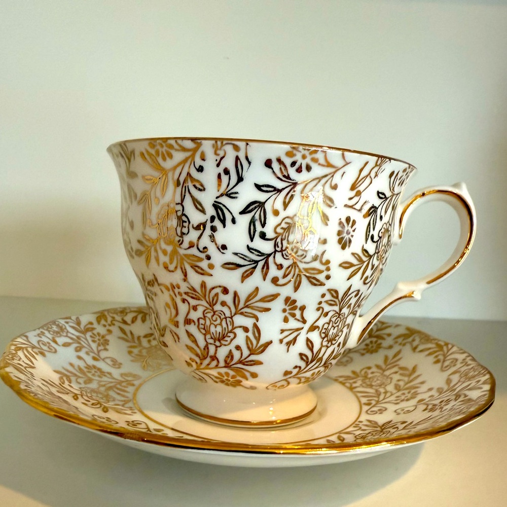 Vtg Queen Anne Bone China Teacup and Saucer jwith Gold and Silver Floral Detail